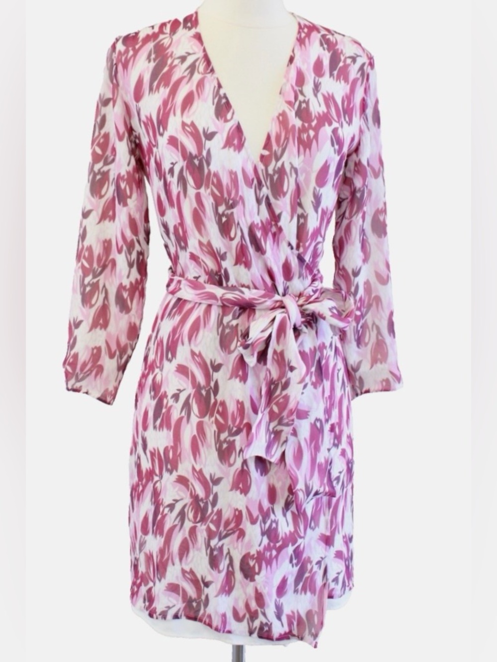 Jill Stuart 100% Silk Floral Wrap Dress Pink Large